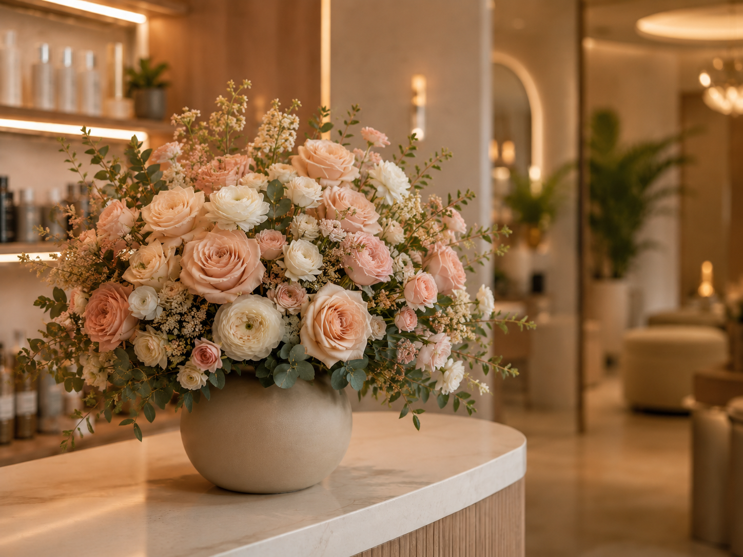Reference visual: a statement floral arrangement on a salon or spa reception counter