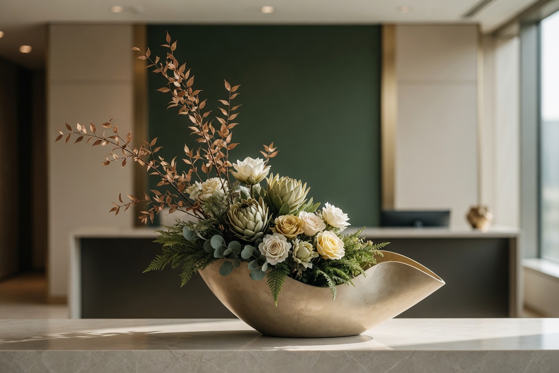 Reference visual: a statement floral arrangement on a corporate office reception desk