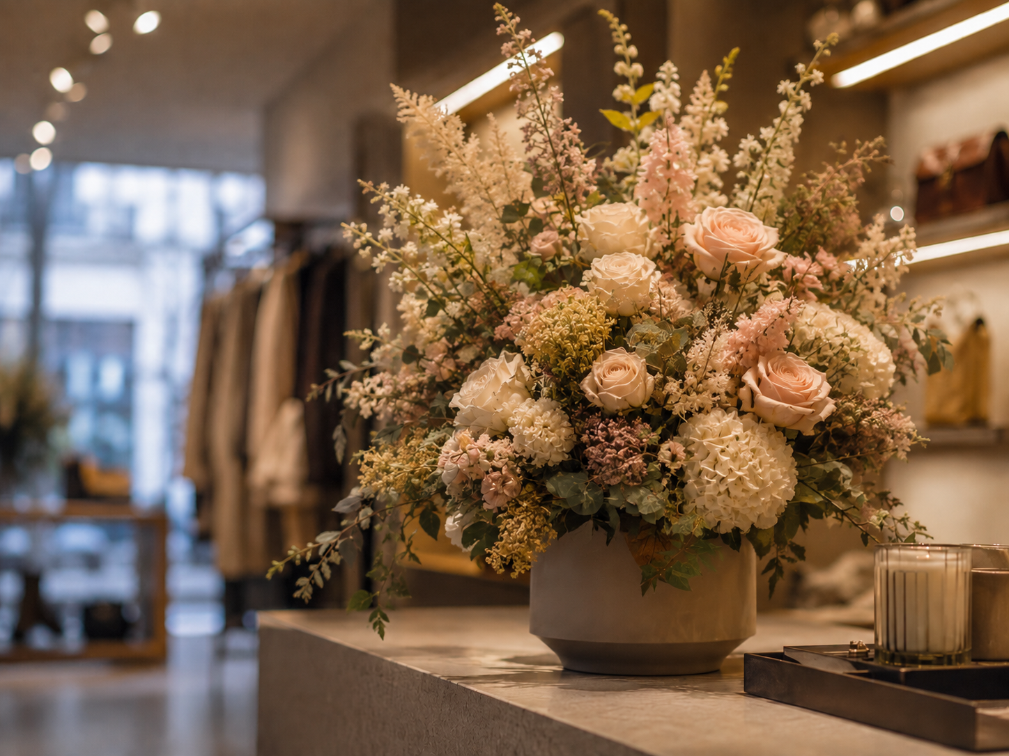 Reference visual: a statement floral arrangement on a boutique retail checkout counter