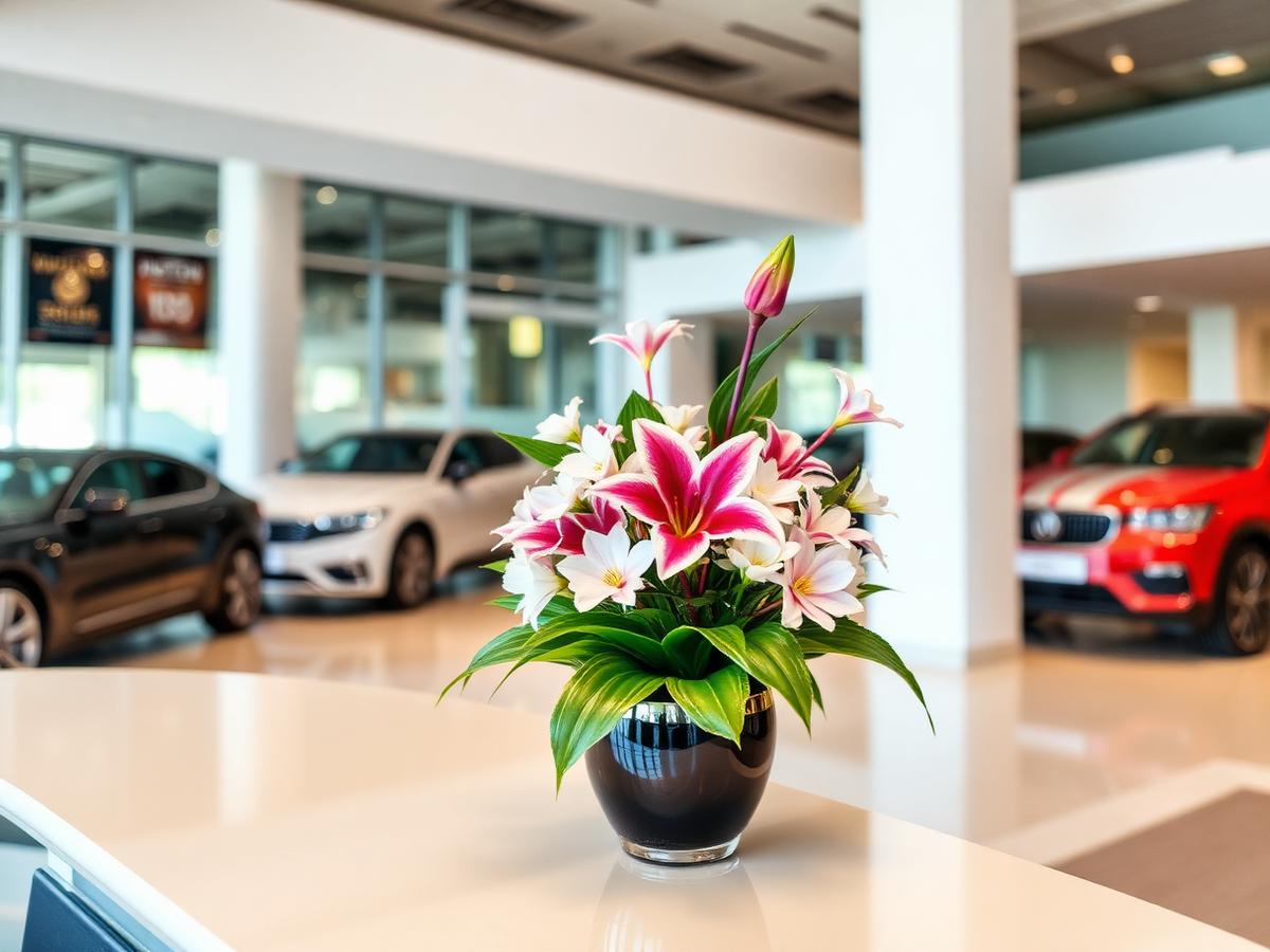 Arrangement on a car dealership showroom counter