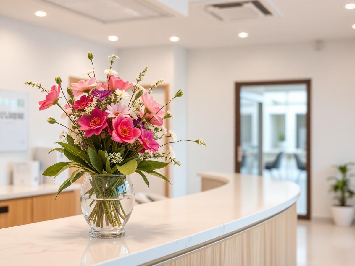 Flowers on a dental clinic reception desk