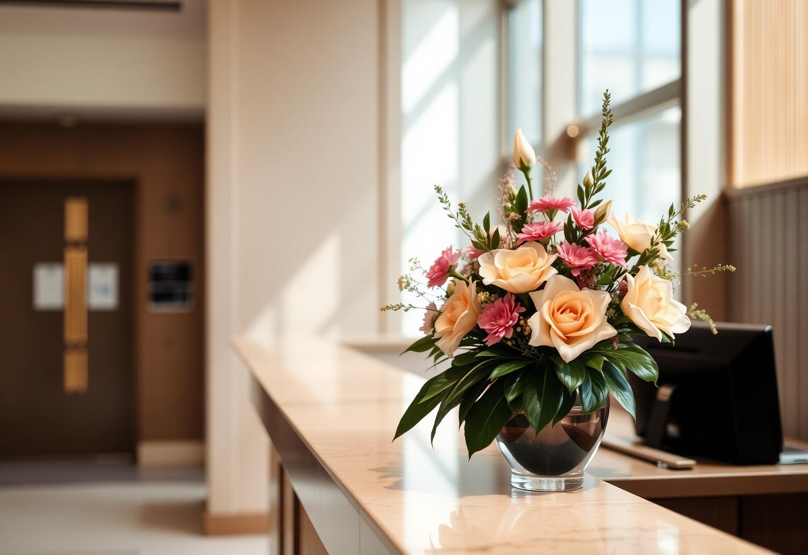Premium preserved flower arrangement on a modern hotel reception desk