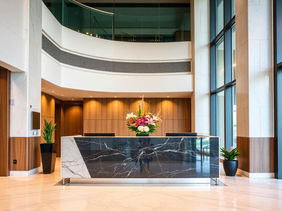 Floral arrangement on a commercial building concierge desk