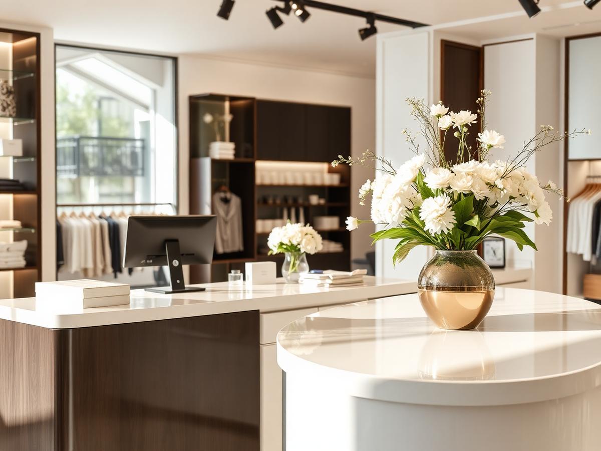 Floral arrangement on a boutique retail checkout counter