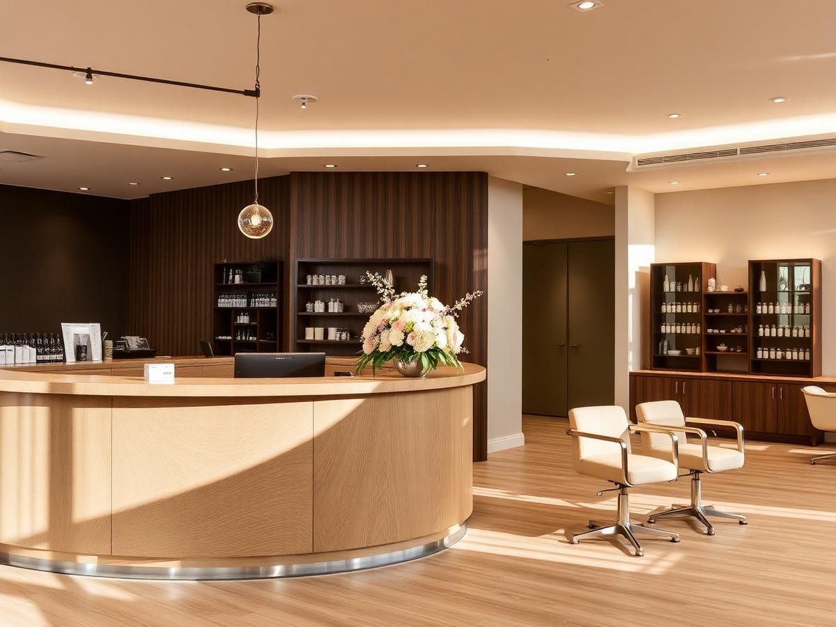 Floral arrangement on a modern salon reception counter